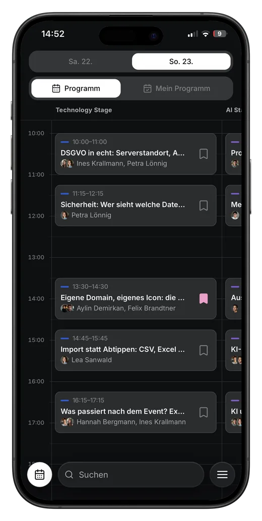 Programmansicht mit Bühnen und Zeitraster